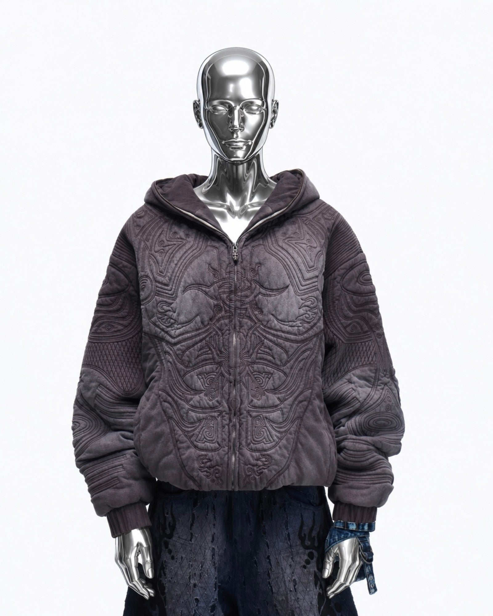 Textured & Embroidery Full-Zip Hoodie